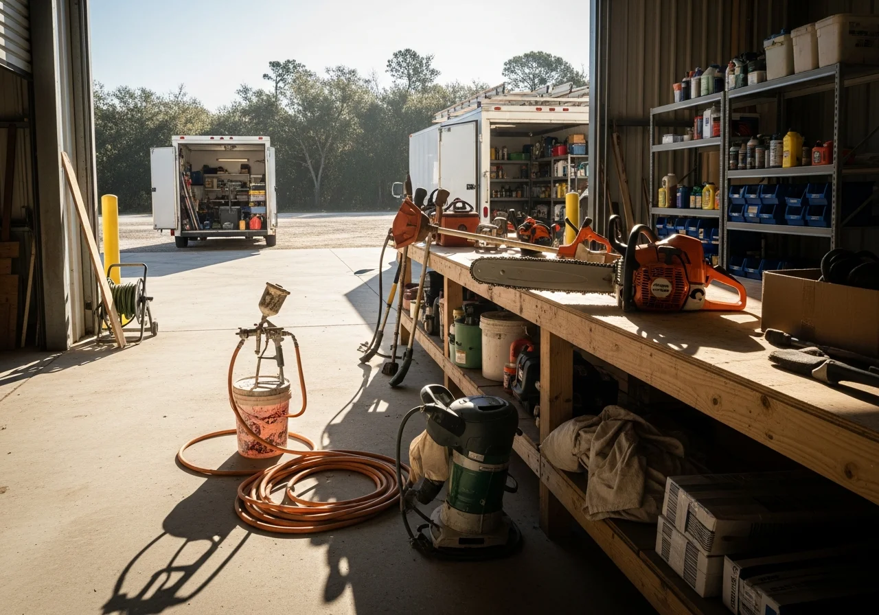 Property service crew with tools and equipment ready for residential and commercial projects.