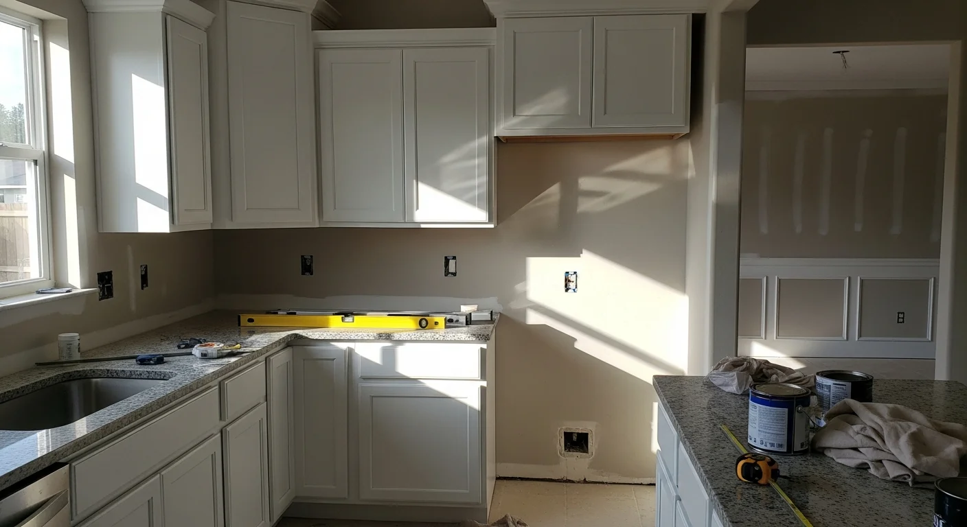 Interior home remodeling with new cabinets and flooring