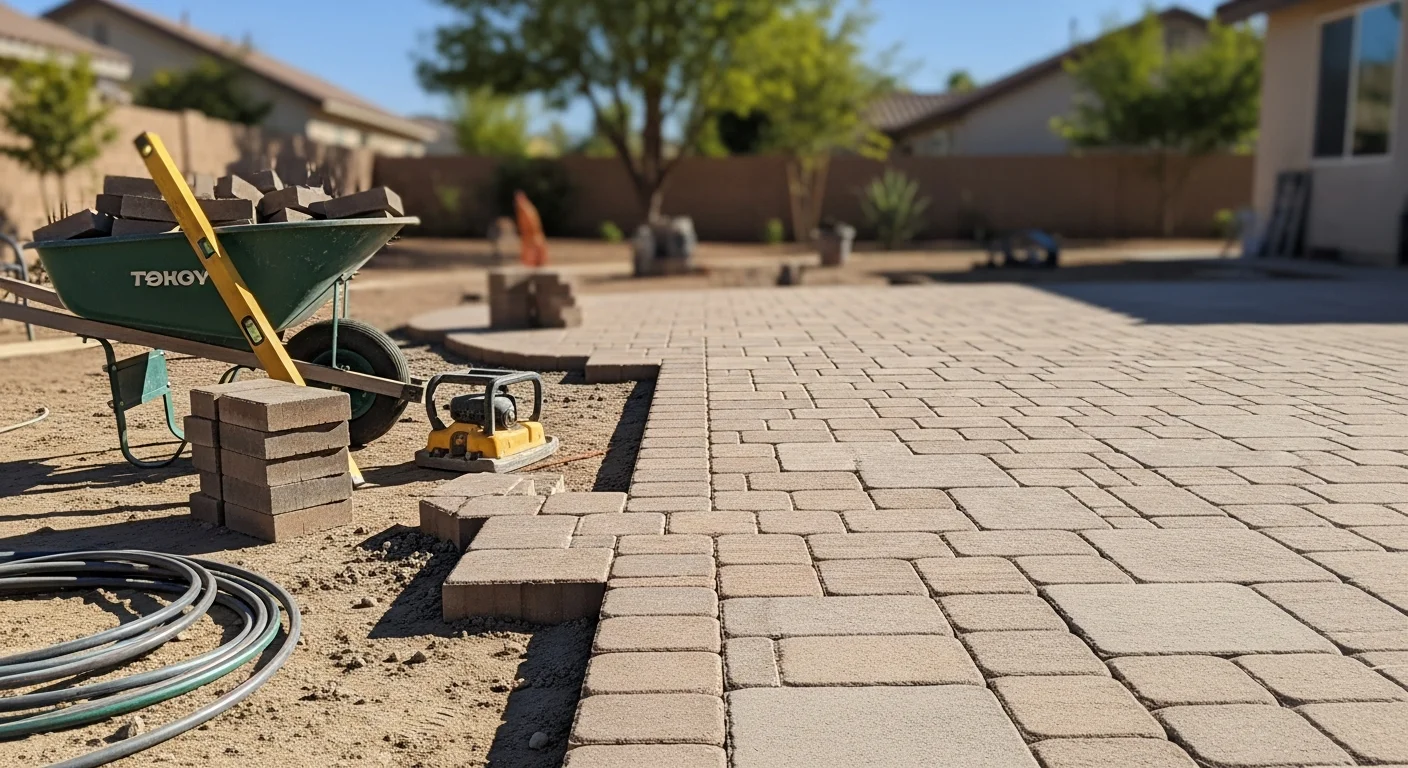 Professional hardscape installation featuring stone pavers, outdoor kitchen with grill, and landscaping