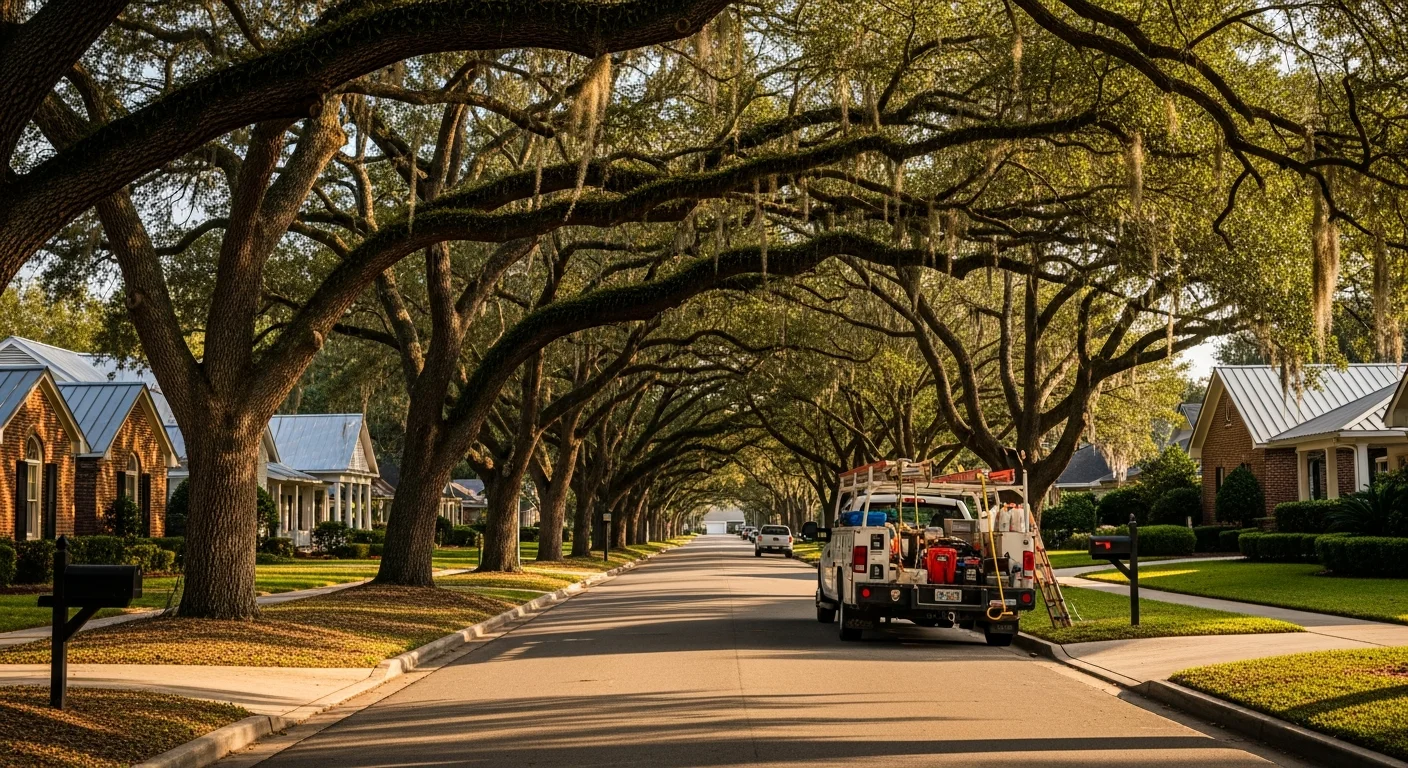 Residential street in Gainesville with mature oak trees and historic homes typical of the city's established neighborhoods.