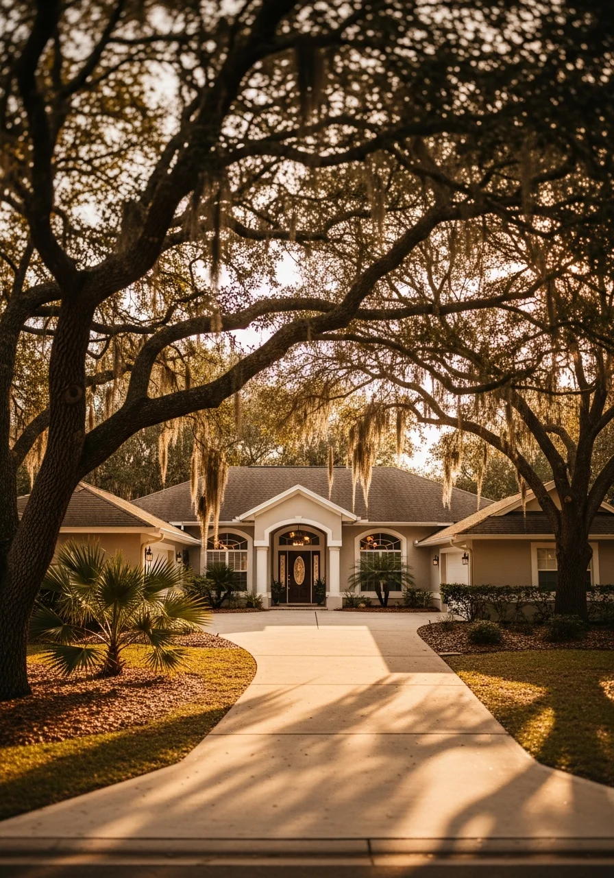 Professional exterior view of an Ocala home with clear driveway access and established landscaping.