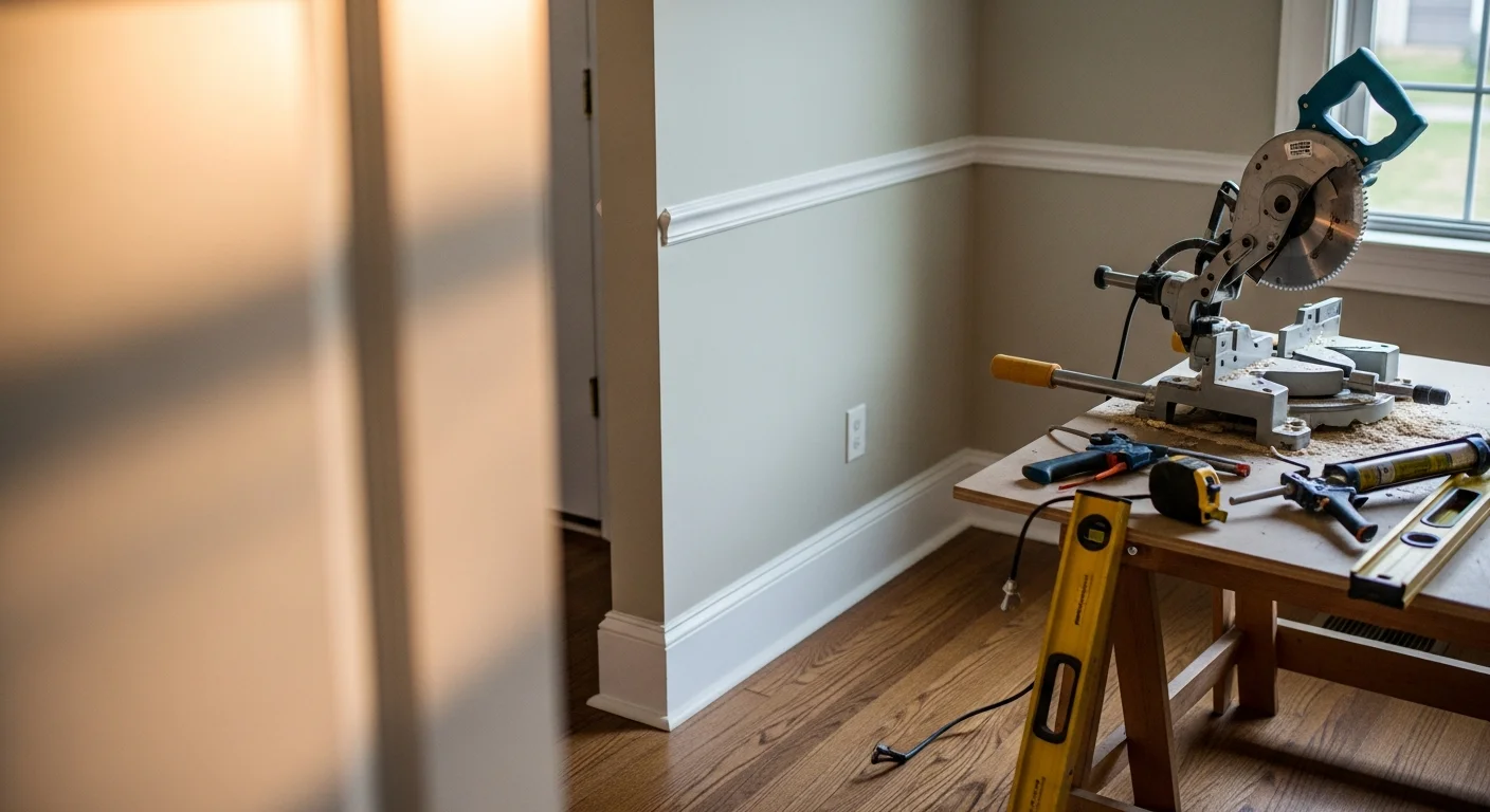Freshly installed white crown molding and baseboards in a Gainesville home interior, showing clean ceiling-to-wall transitions and flush floor-level trim in a single-family residence.