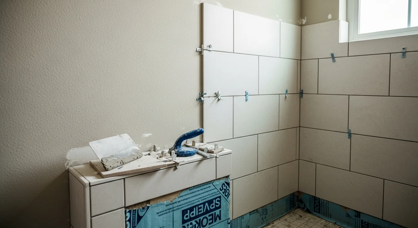 Freshly tiled bathroom floor and shower walls in a Gainesville, Florida home, showing clean grout lines and a level tile installation on both the floor and shower surround. The bathroom reflects a moisture-resistant tile setup suited to Alachua County's humid climate.