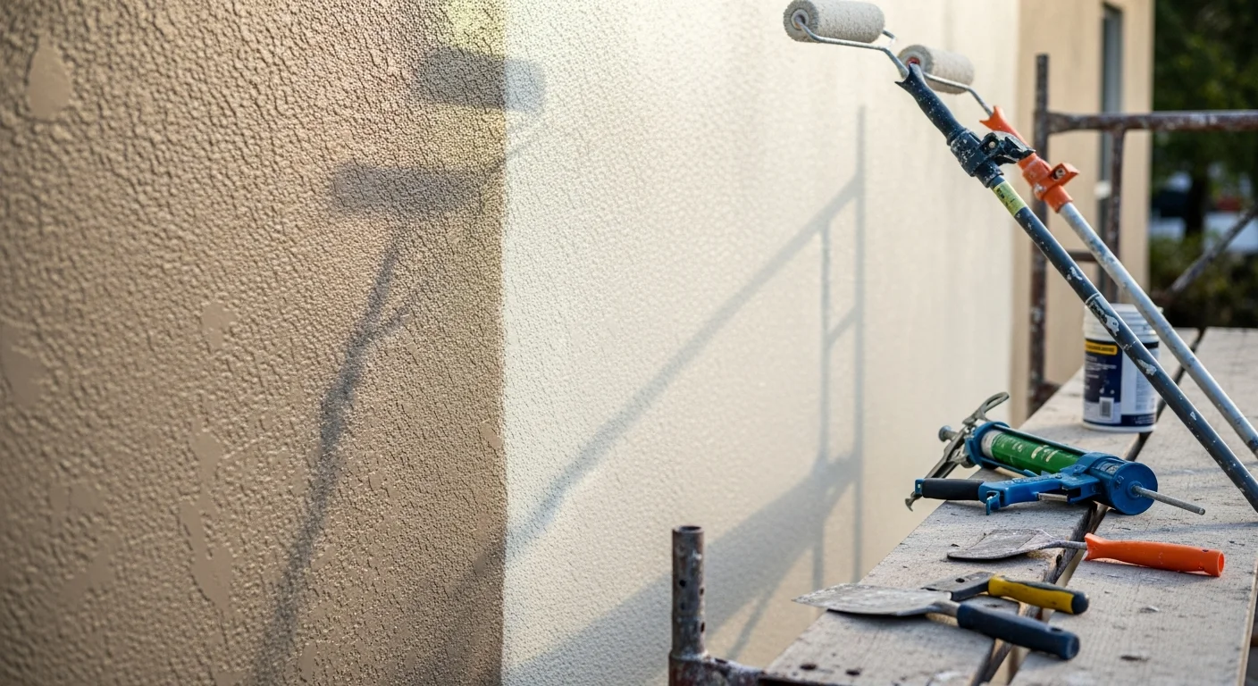 A freshly painted single-family home exterior in Gainesville, Florida, showing clean stucco siding and crisp trim lines. The finished surface reflects a neutral body color with no visible peeling, mildew, or chalking.