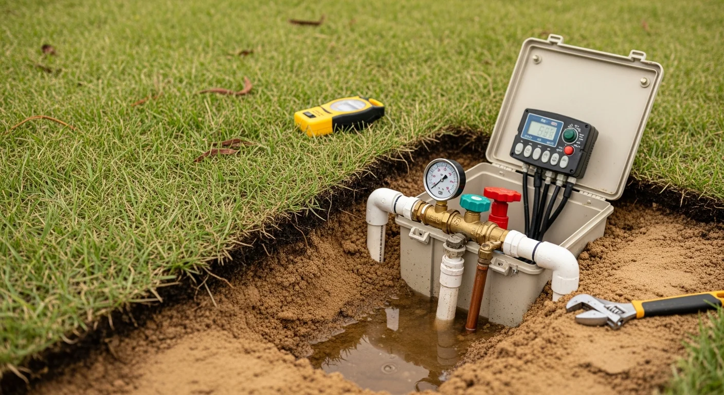 A landscaping technician inspecting a residential irrigation valve box in a Gainesville, Florida yard, with green turf visible in the background. Close-up view shows the open valve manifold during a diagnostic repair visit.