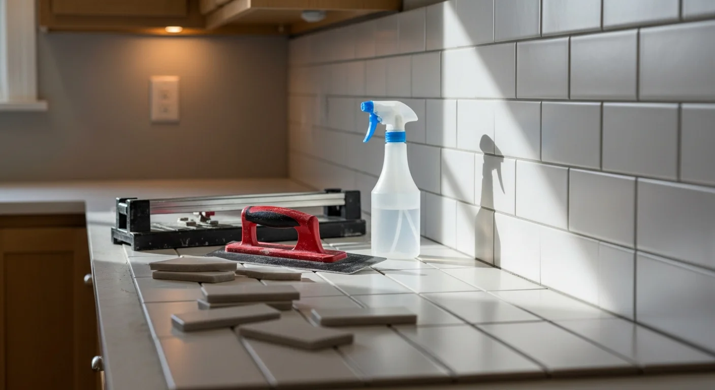 Freshly installed ceramic tile kitchen backsplash in a Gainesville, Florida single-family home, showing level grout lines and clean tile edges behind the stove and countertop area. Work completed by Ascend Property Services LLC, a licensed tile contractor serving Gainesville, FL.
