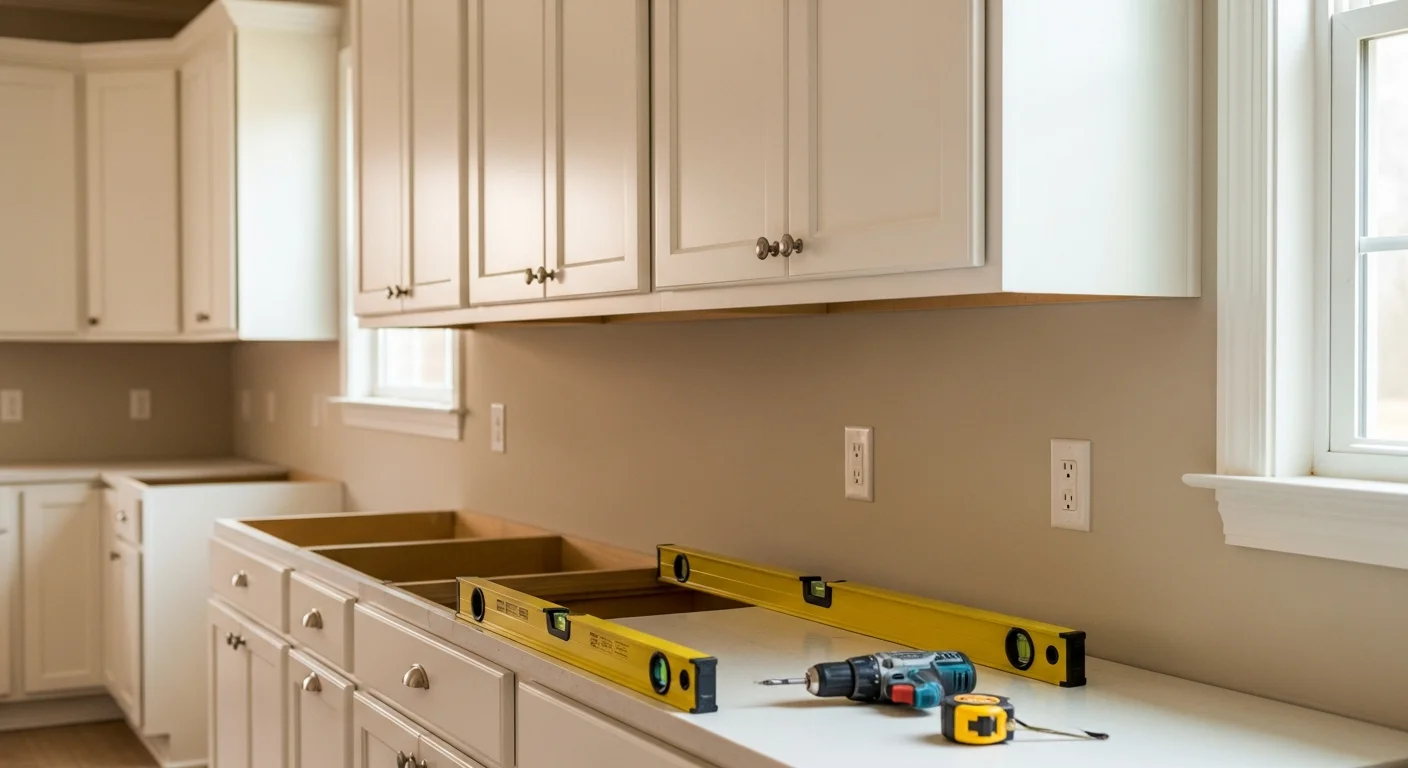 Newly installed kitchen cabinets in a Gainesville home showing clean upper and lower cabinet runs with even spacing and hardware aligned. A general contractor from Ascend Property Services LLC completed the installation in a single-story residential kitchen.
