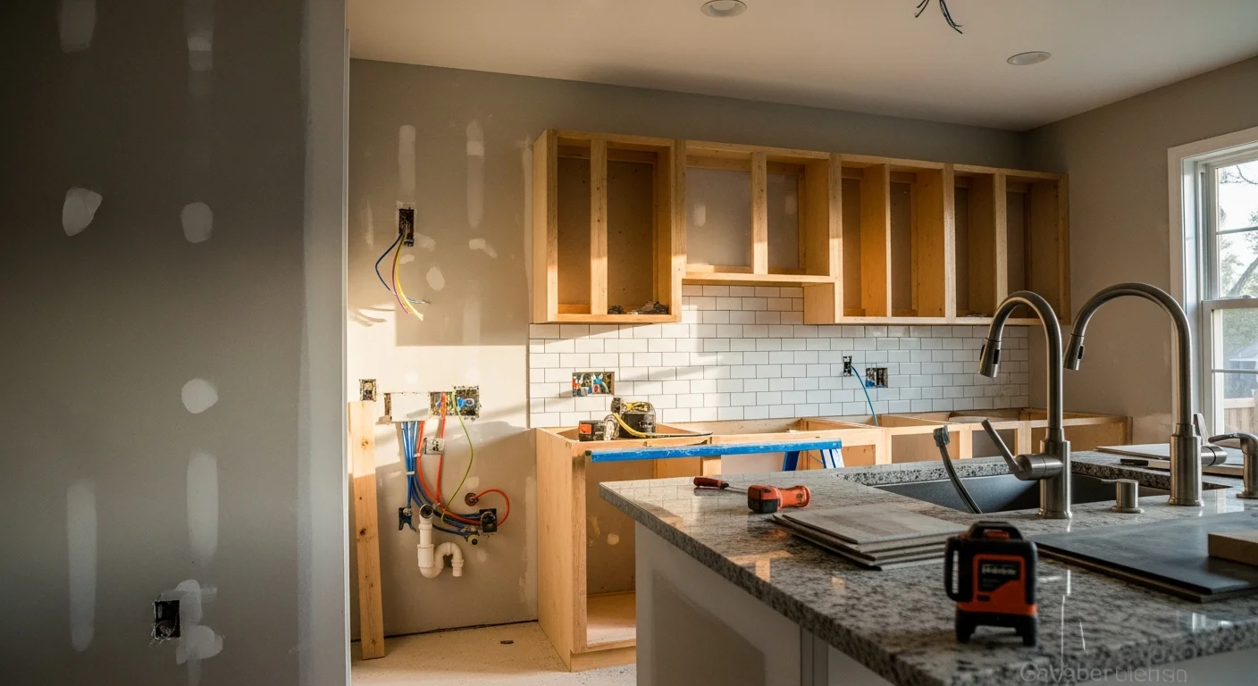 A remodeled kitchen in a Gainesville, Florida home showing updated cabinetry, new countertops, and reconfigured layout. The space reflects a finished general contractor kitchen renovation with improved storage and open flow.