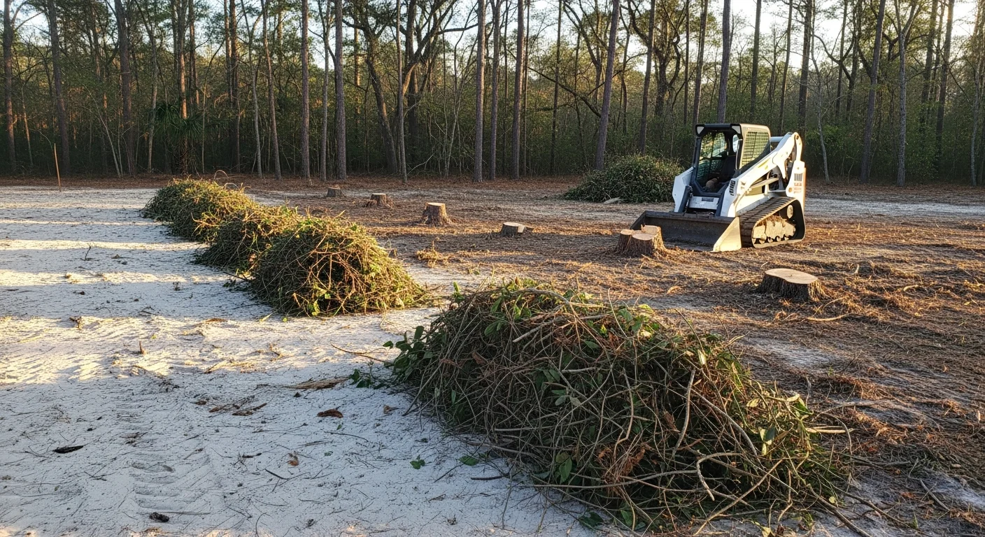 A Gainesville residential lot after professional land clearing, showing open ground free of brush, stumps, and overgrown vegetation. Heavy equipment tracks are visible in sandy soil typical of North Central Florida.