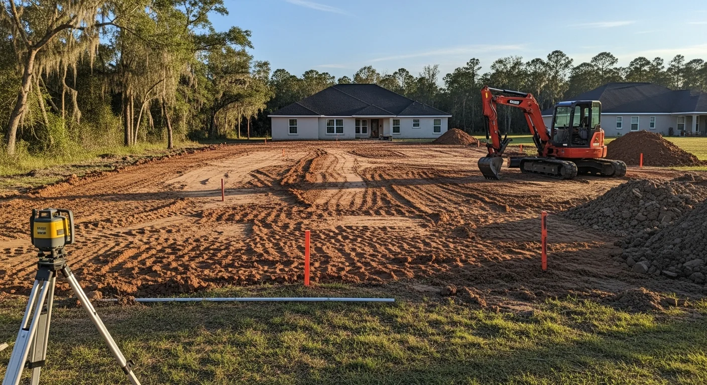 A Gainesville residential backyard after land leveling and grading, showing smooth, evenly sloped ground free of low spots or pooling water. A freshly graded soil surface extends from the home's foundation toward the rear yard, ready for sod installation.