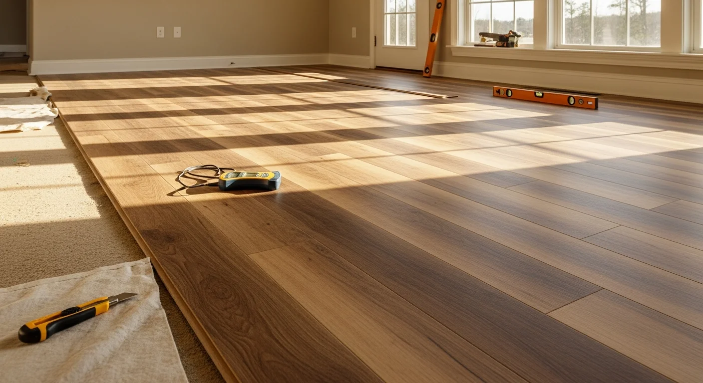Freshly installed luxury vinyl plank flooring in a Gainesville home living room, showing a wood-look finish with clean trim edges and a concrete slab subfloor beneath. The open-plan space reflects natural light across evenly laid planks installed by Ascend Property Services LLC.