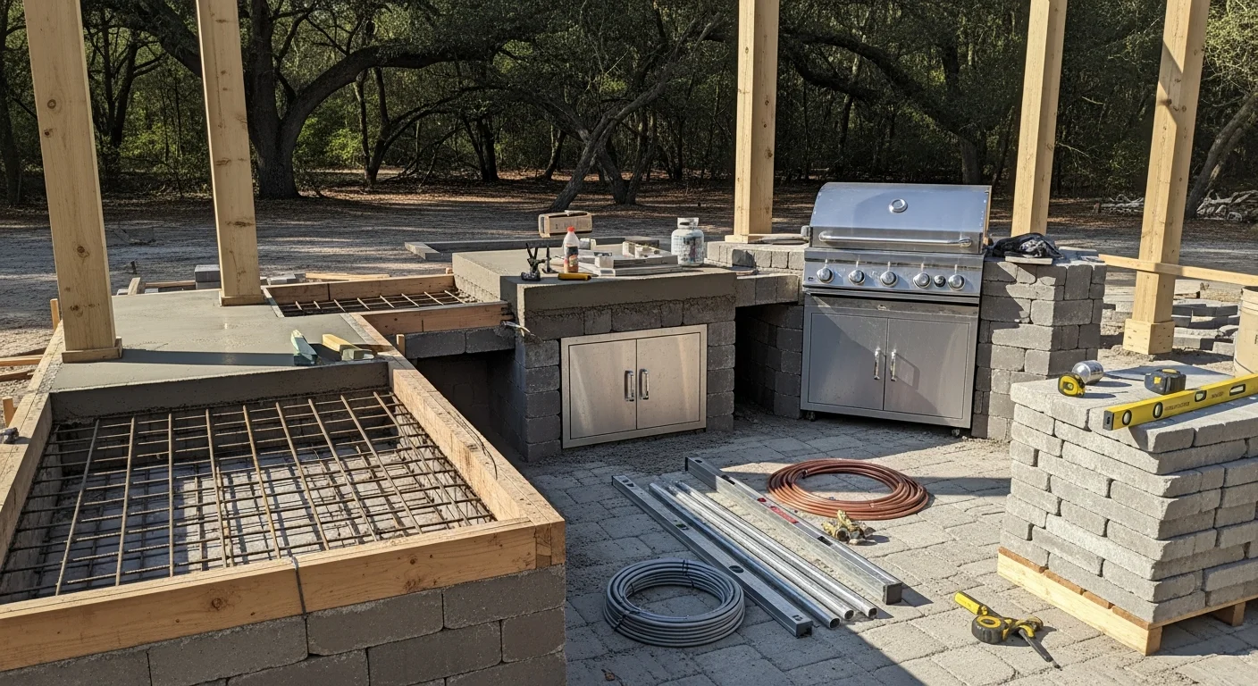 A completed custom outdoor kitchen built by Ascend Property Services LLC in a Gainesville, Florida backyard, featuring a structured masonry cooking station with countertop surfaces and integrated prep zones on a paver patio. The build reflects material choices suited to North Central Florida's humid climate and year-round outdoor use.