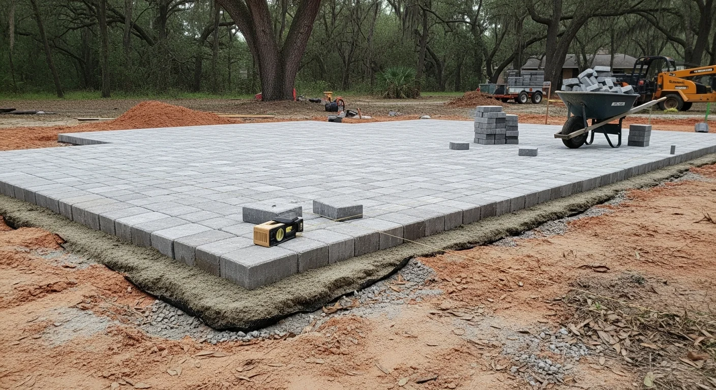 A finished paver patio and connecting walkway at a Gainesville, Florida residential property, showing level surfaces, clean edge borders, and a graded layout designed to manage water runoff from the surrounding yard.