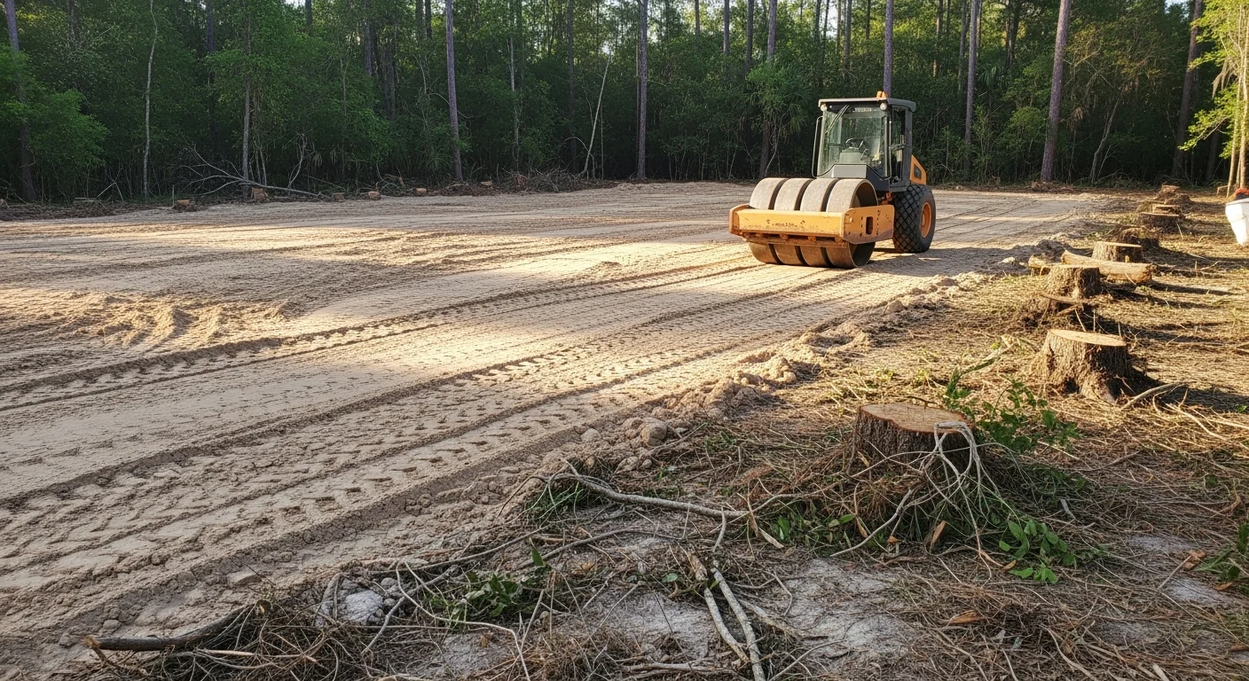 A freshly graded and cleared residential lot in Gainesville, Florida showing level bare soil ready for landscaping installation. Surrounding trees and a single-family home are visible in the background.