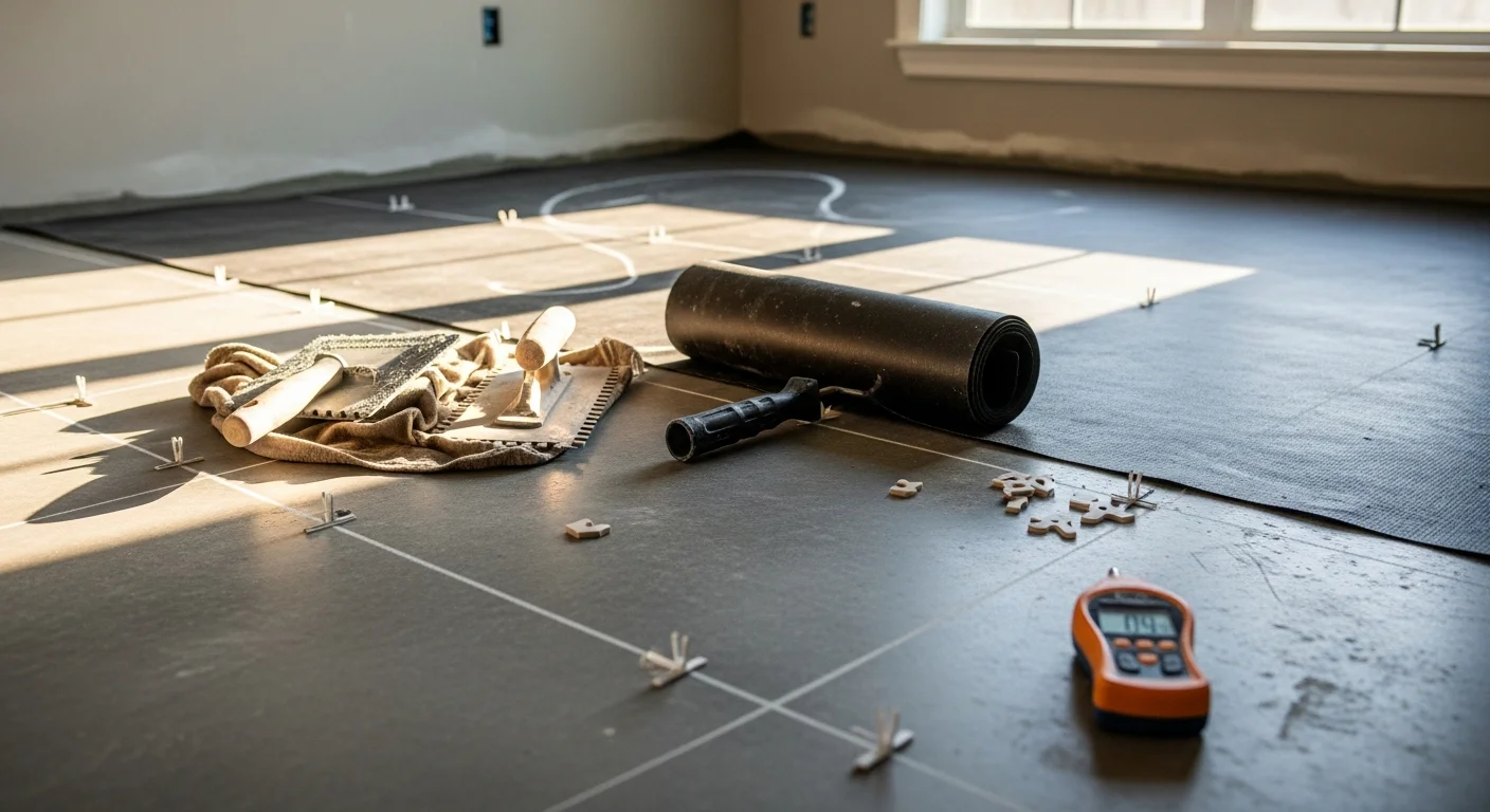 Freshly installed tile flooring in a Gainesville home kitchen, showing clean grout lines and a moisture-resistant surface. The slab-on-grade construction and bright natural light reflect typical North Central Florida residential conditions.