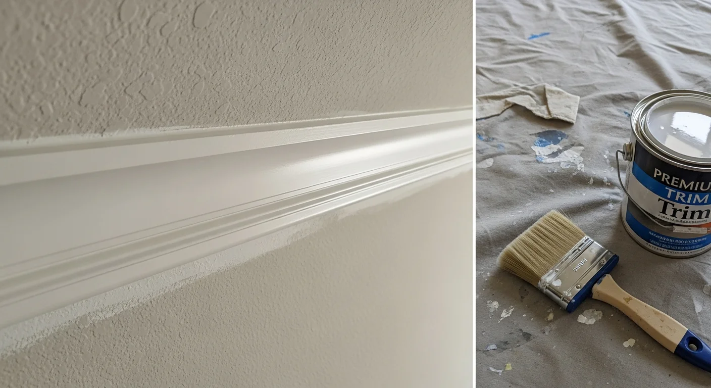 Freshly painted white crown molding and baseboards in a Gainesville home interior, with clean edges where the trim meets the wall. Close-up view shows smooth, even semi-gloss finish on wood door casing after professional painting service.
