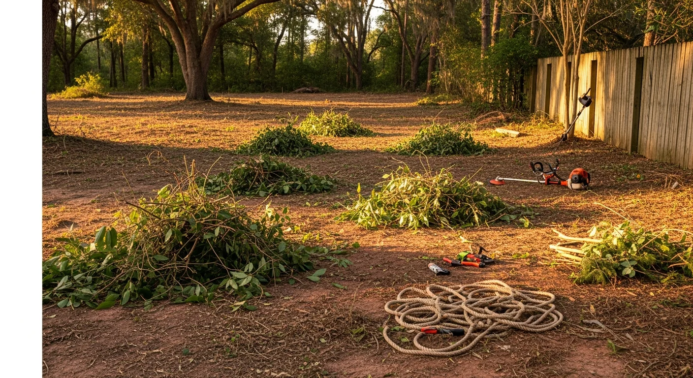 A Gainesville residential property after professional vegetation removal, showing a cleared yard with bare soil and trimmed lot edges where dense brush and vines have been fully removed. A clean fence line and open ground are visible with no debris remaining.